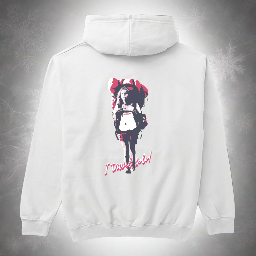 White 'Solo Backpacker' Women Hoodie by SillyExplorer 2nd Back View