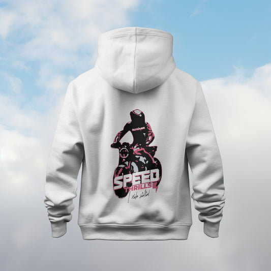 White 'Speed Thrills' Men Hoodie by SillyExplorer Back View