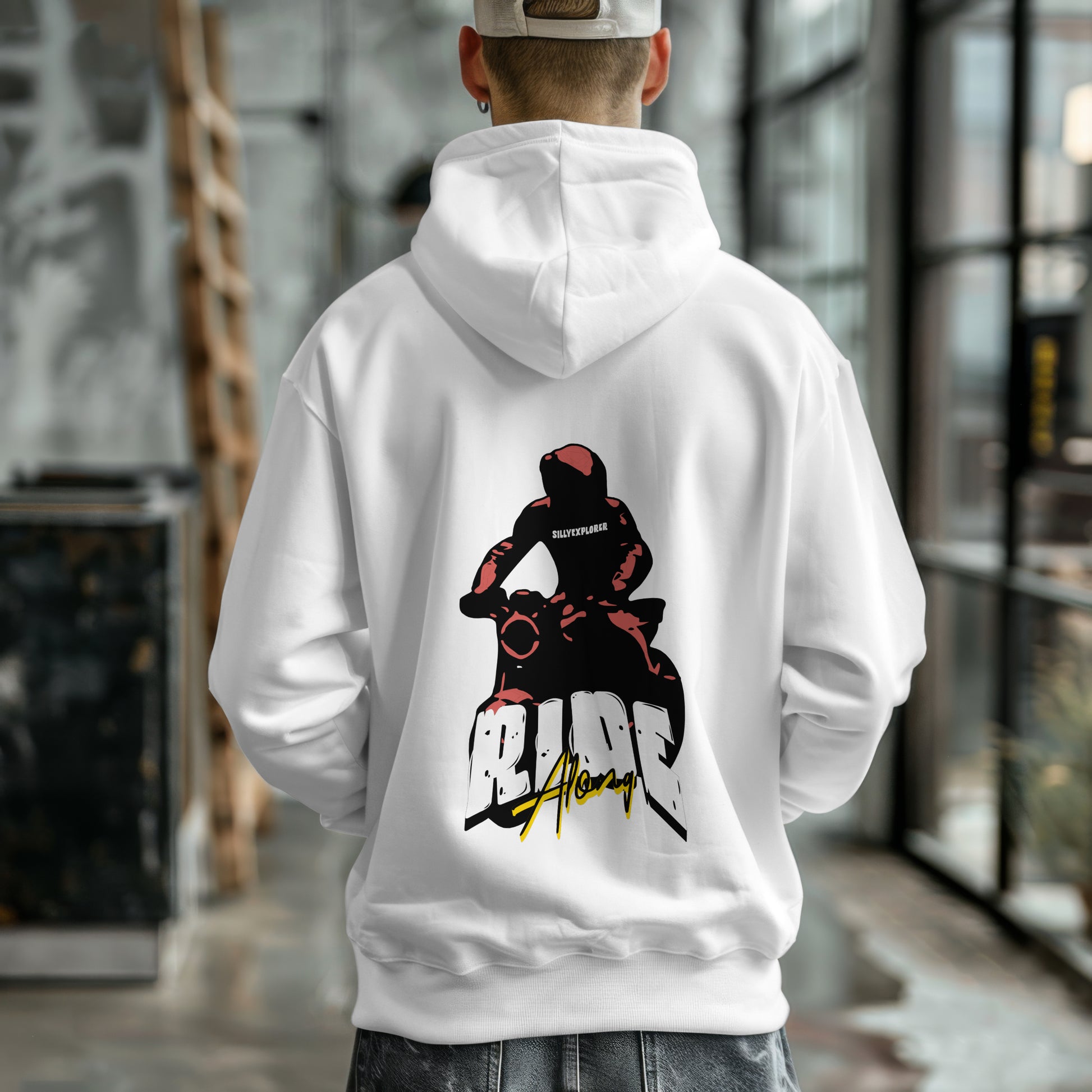 White 'Ride Along' Men Hoodie by SillyExplorer 2nd Back View