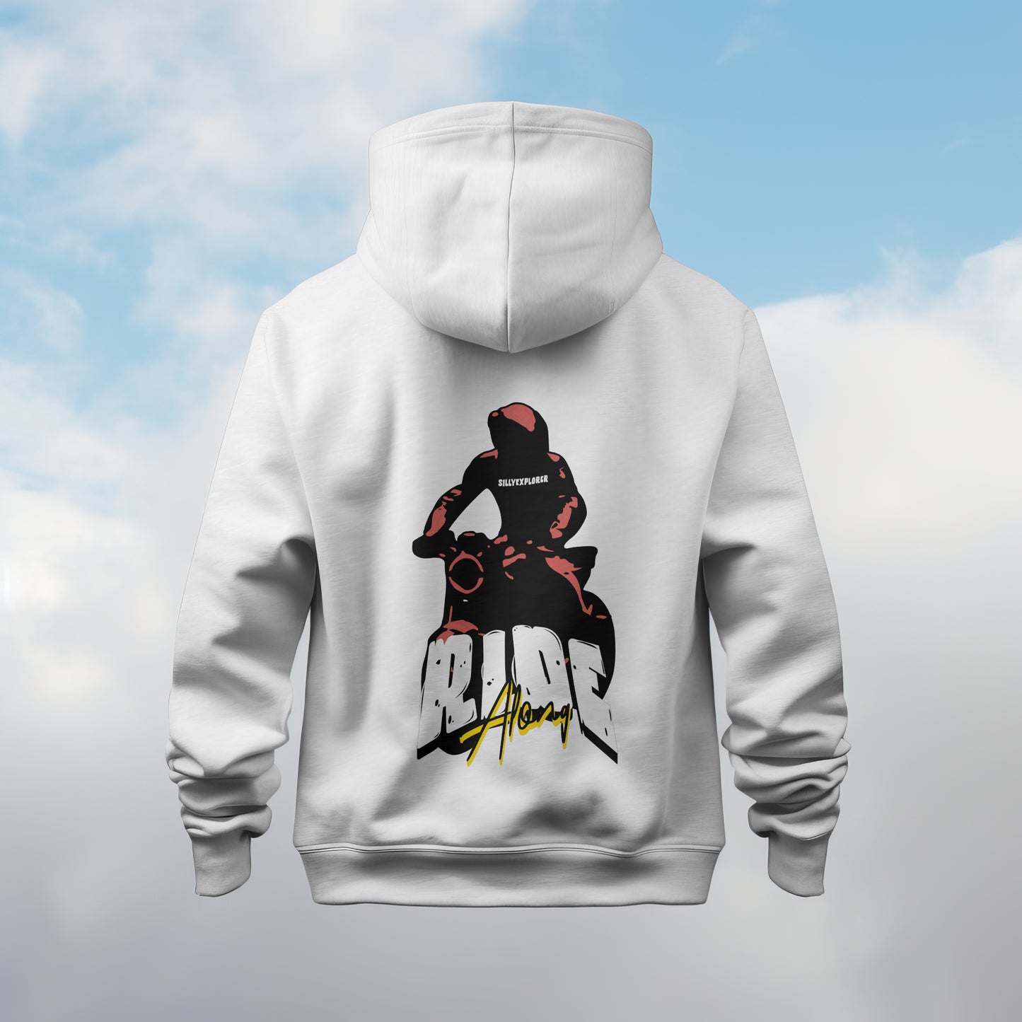 White 'Ride Along' Men Hoodie by SillyExplorer Back View