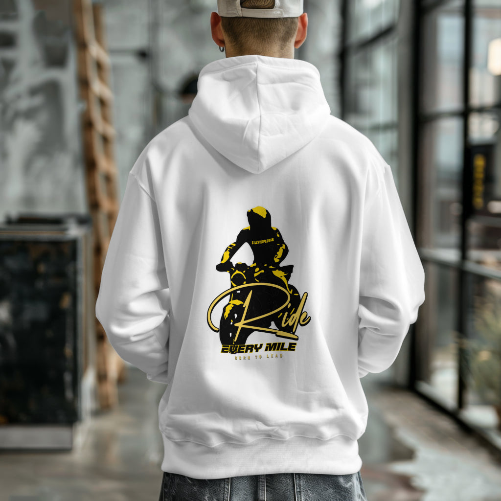 White 'Born Rider' Men Hoodie by SillyExplorer Back View