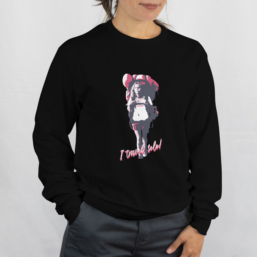 'Solo Backpacker' Women Black Sweatshirt by SillyExplorer 2nd Front View