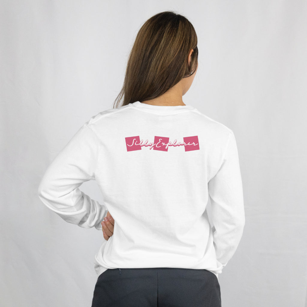 'Solo Backpacker' Women White Sweatshirt by SillyExplorer Back View