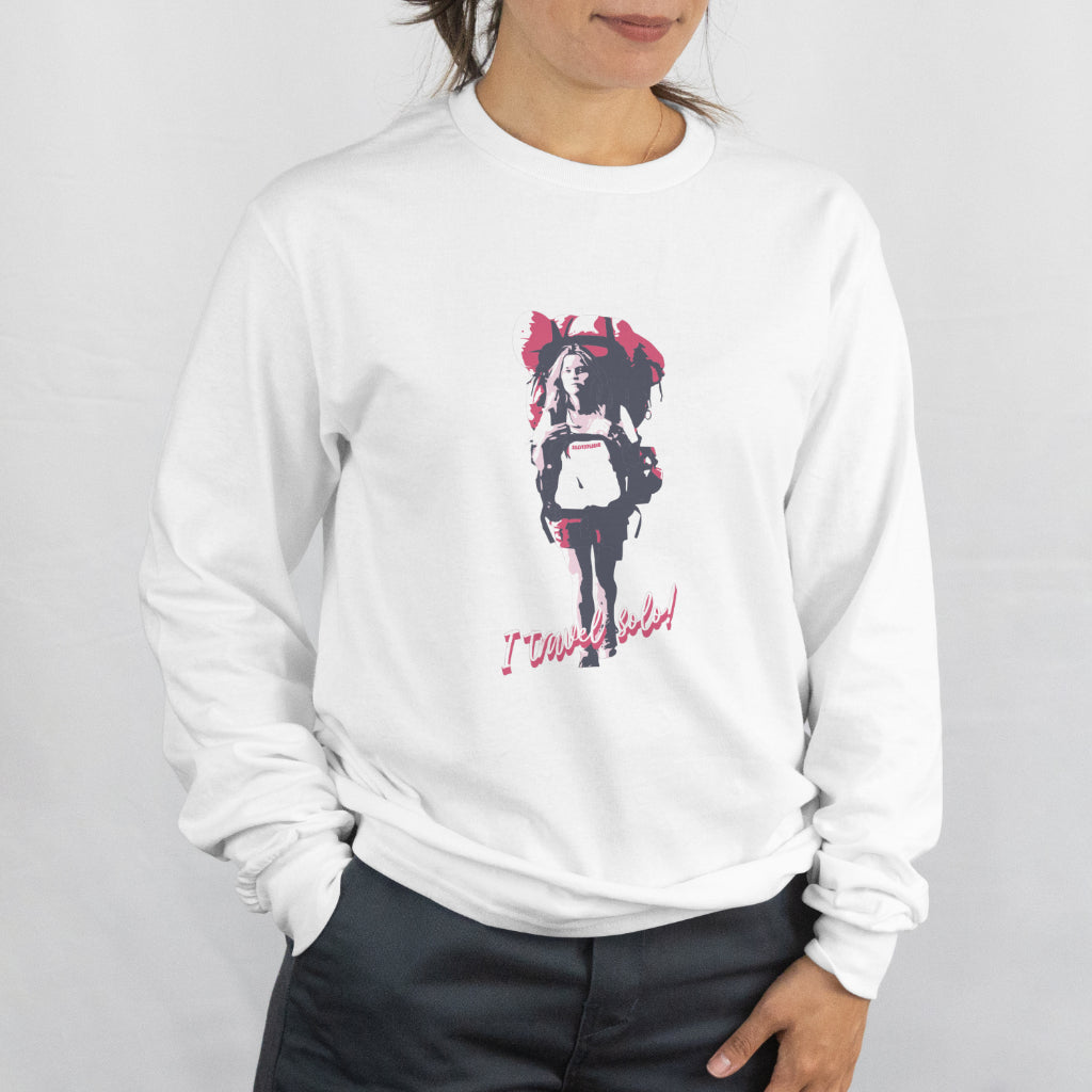 'Solo Backpacker' Women White Sweatshirt by SillyExplorer 2nd Front View