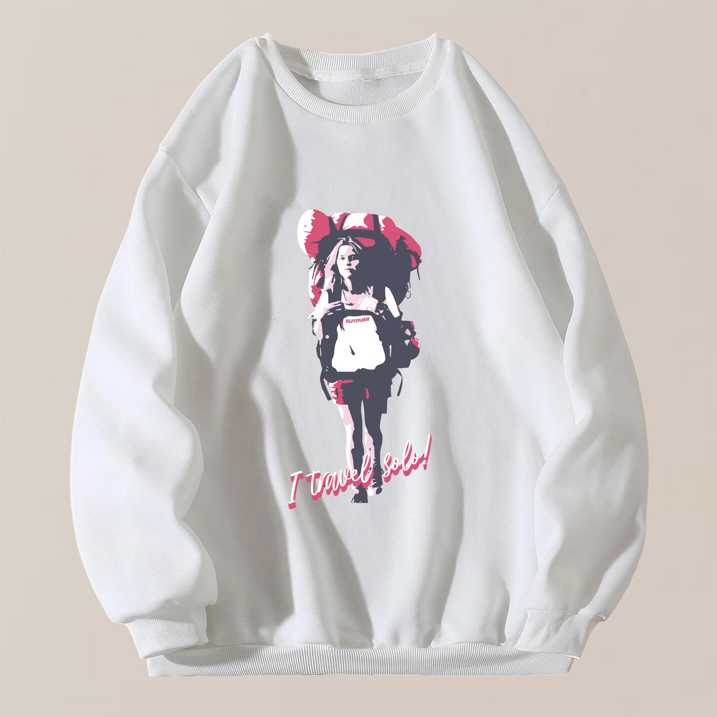 'Solo Backpacker' Women White Sweatshirt by SillyExplorer Front View