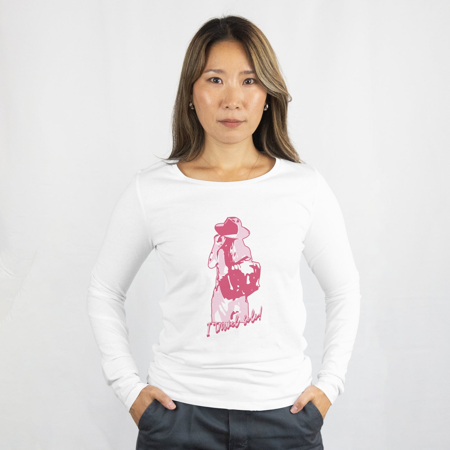 'Solo Traveller' Women White Sweatshirt by SillyExplorer 2nd Front View