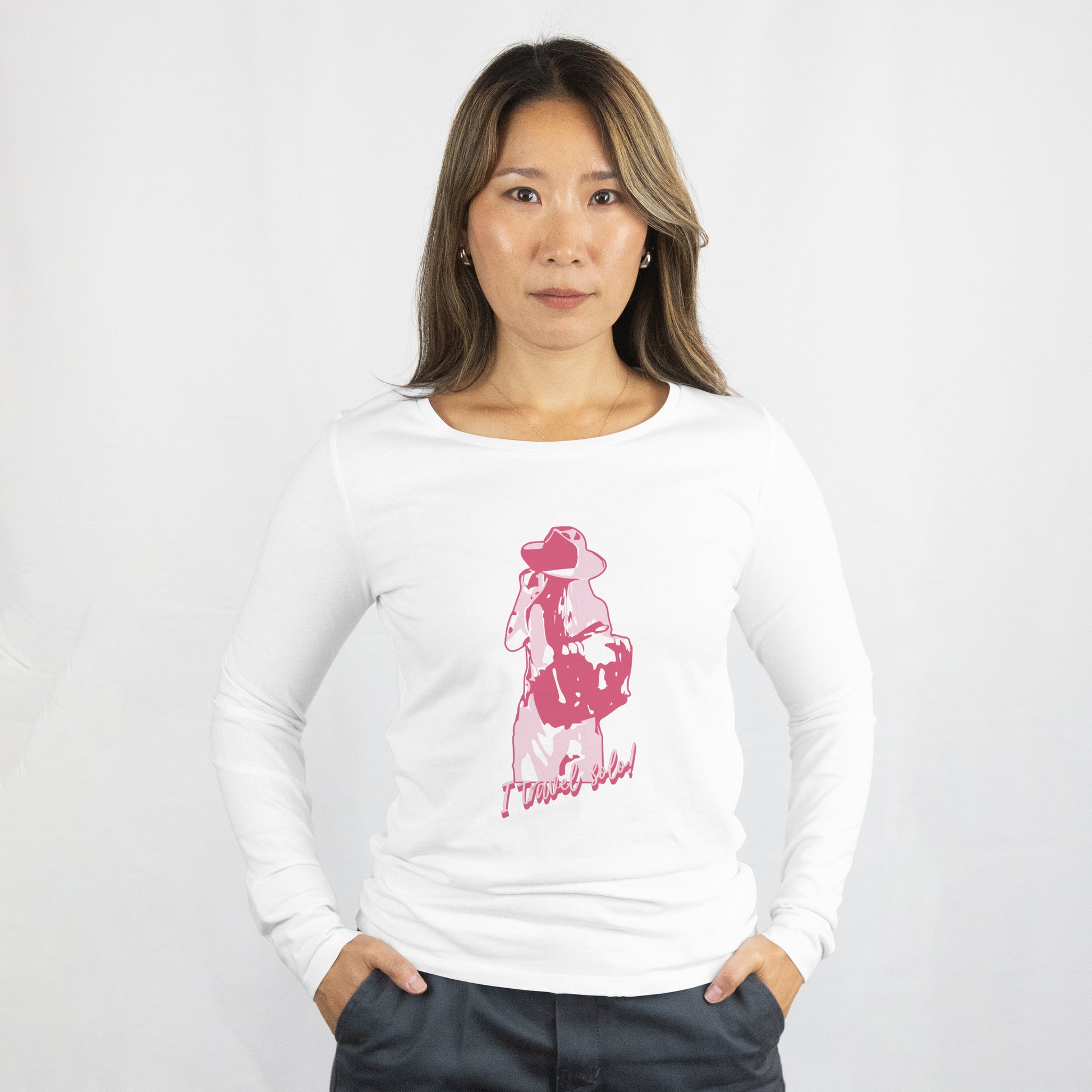 'Solo Traveller' Women White Sweatshirt by SillyExplorer 2nd Front View