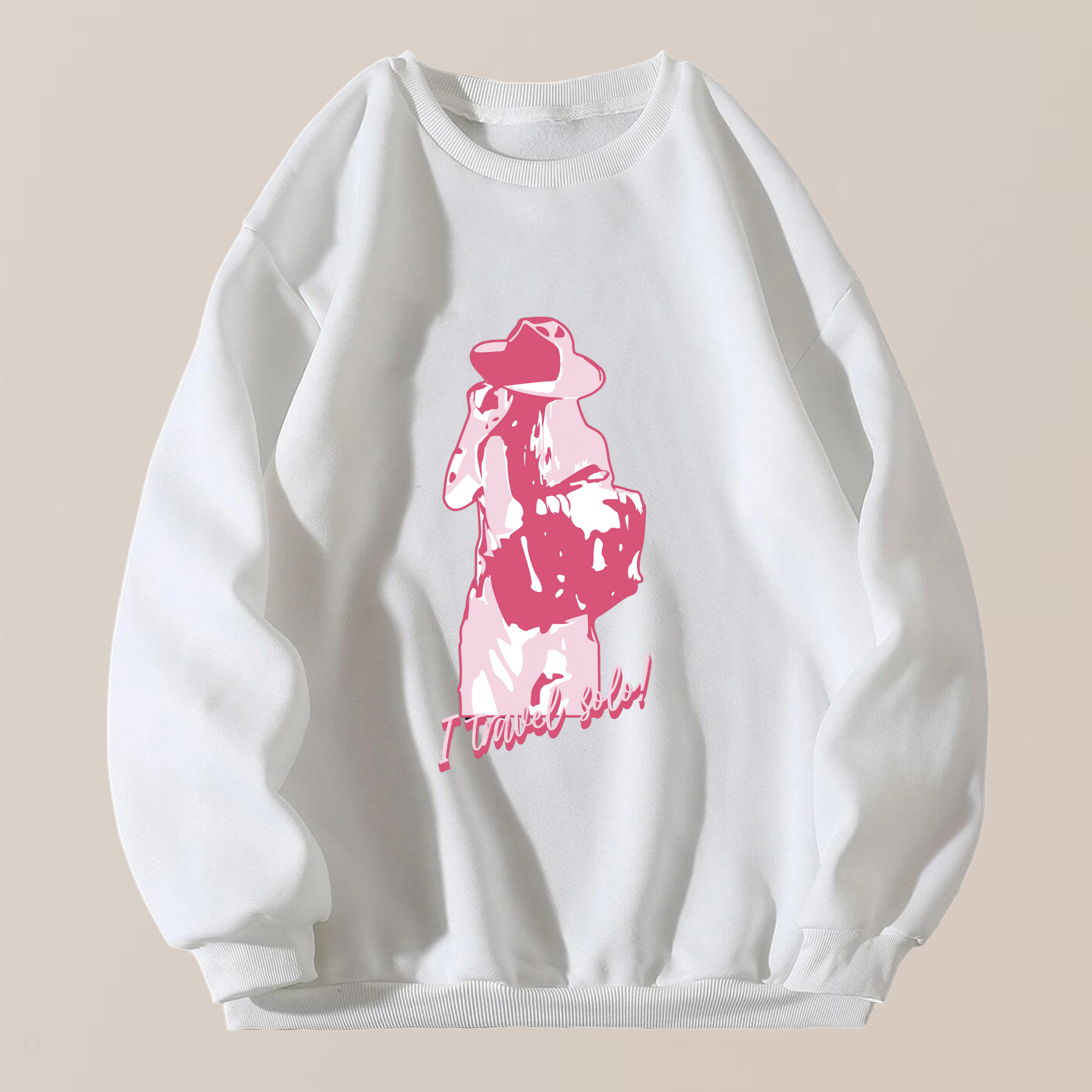 'Solo Traveller' Women White Sweatshirt by SillyExplorer Front View