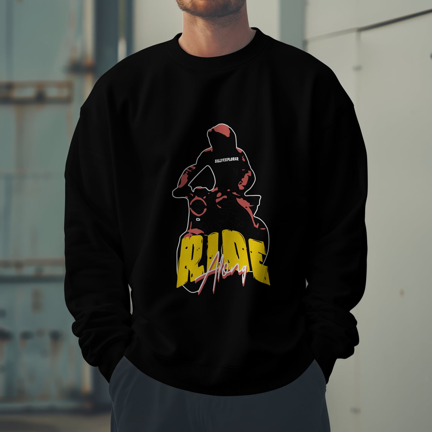 ‘Ride Along’ Men Black Sweatshirt by SillyExplorer 3rd Front View