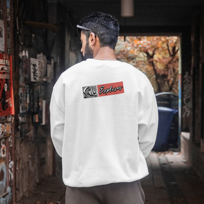 ‘Ride Along’ Men White Sweatshirt by SillyExplorer Back View