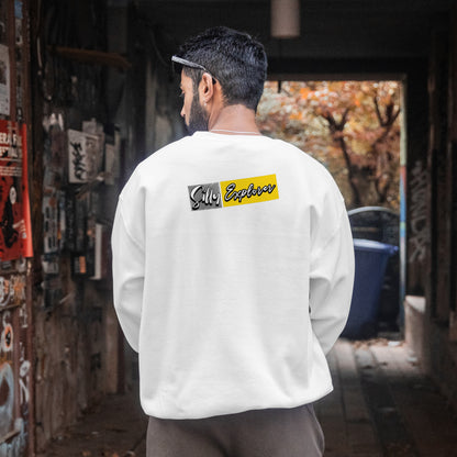 ‘Born Rider’ Men White Sweatshirt by SillyExplorer Back View