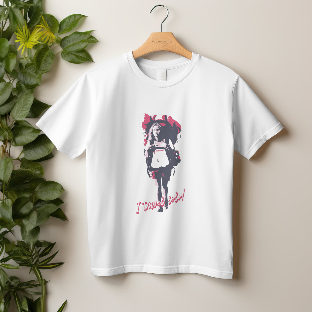 'Solo Backpacker’ Women White T-Shirt by SillyExplorer 2nd Front View