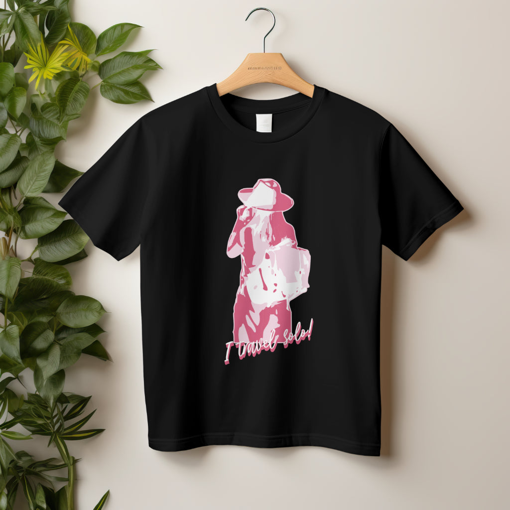 'Solo Traveller’ Women Black T-Shirt by SillyExplorer 2nd Front View