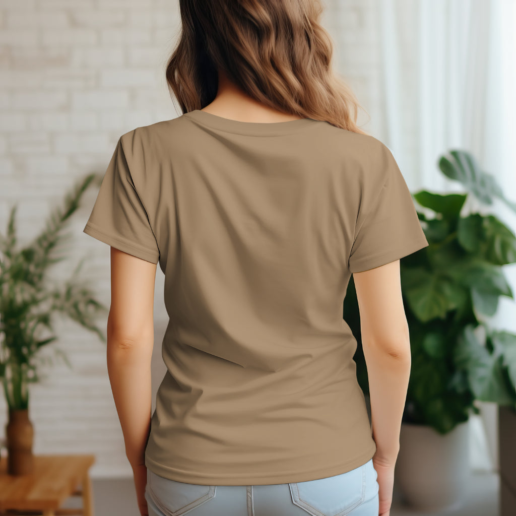 'Solo Backpacker’ Women Beige T-Shirt by SillyExplorer Back View