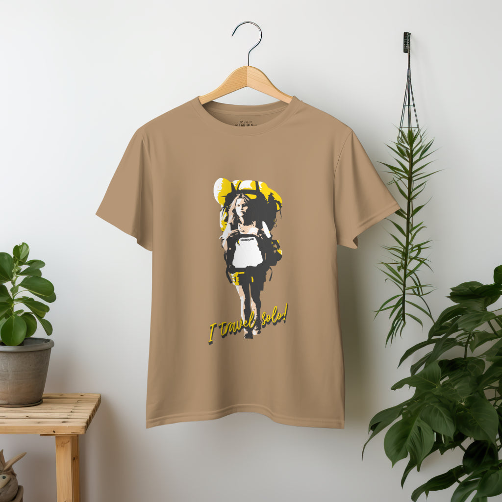 'Solo Backpacker’ Women Beige T-Shirt by SillyExplorer 2nd Front View