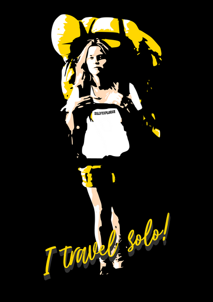 'Solo Backpacker’ Women Black T-Shirt by SillyExplorer Design Closeup