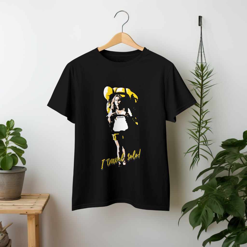 'Solo Backpacker’ Women Black T-Shirt by SillyExplorer 2nd Front View