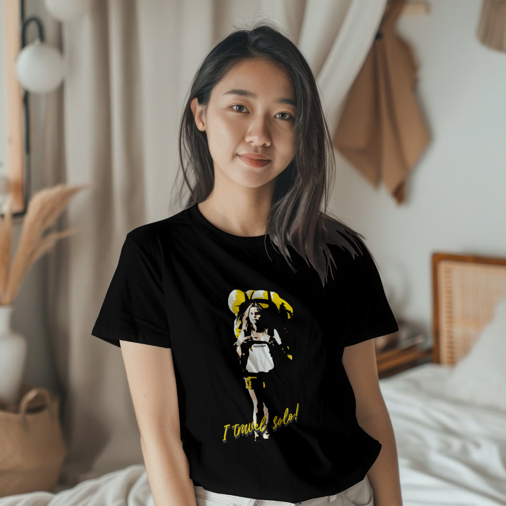 'Solo Backpacker’ Women Black T-Shirt by SillyExplorer Front View