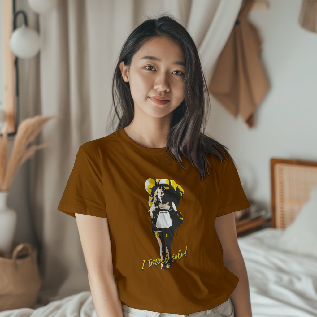 'Solo Backpacker’ Women Brown T-Shirt by SillyExplorer Front View