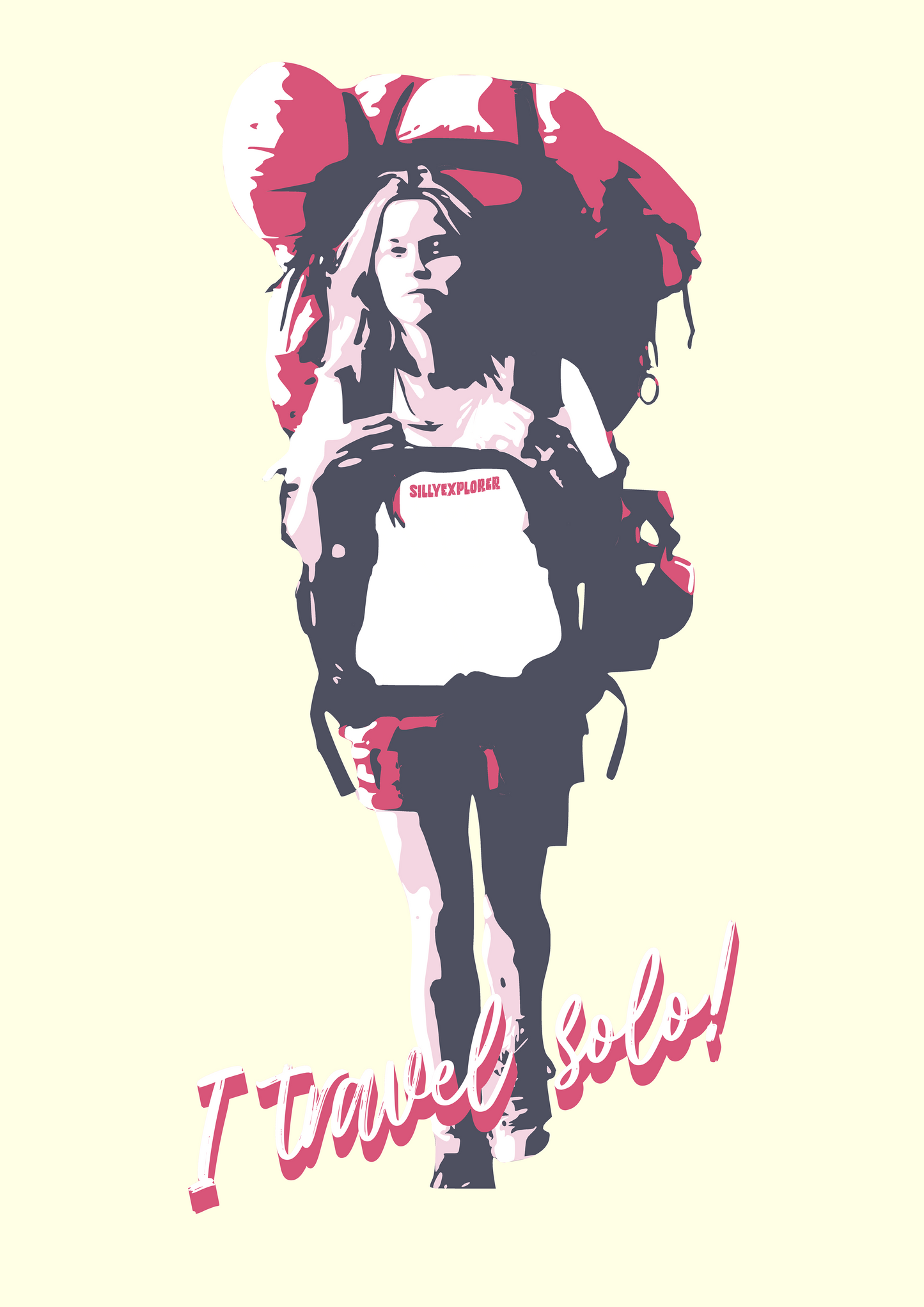 'Solo Backpacker’ Women Off-White T-Shirt by SillyExplorer Design Closeup