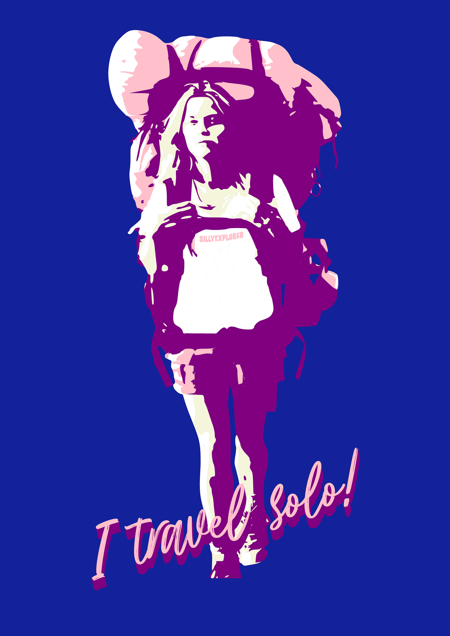 'Solo Backpacker’ Women Royal Blue T-Shirt by SillyExplorer Design Closeup