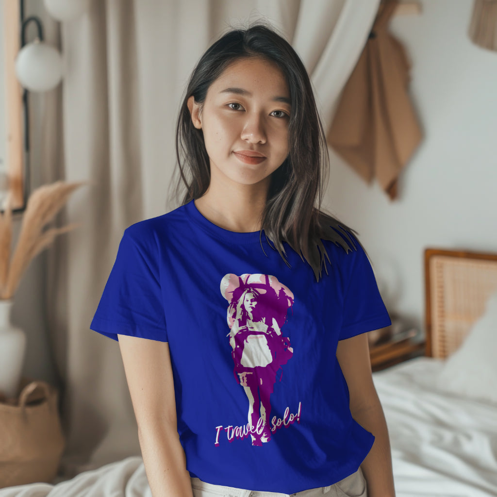 'Solo Backpacker’ Women Royal Blue T-Shirt by SillyExplorer Front View