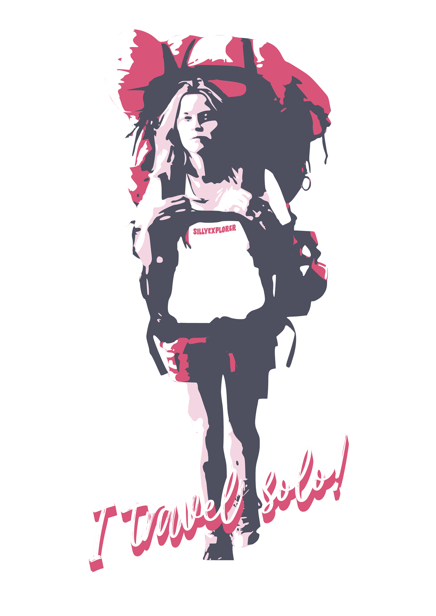 'Solo Backpacker’ Women White T-Shirt by SillyExplorer Design Closeup