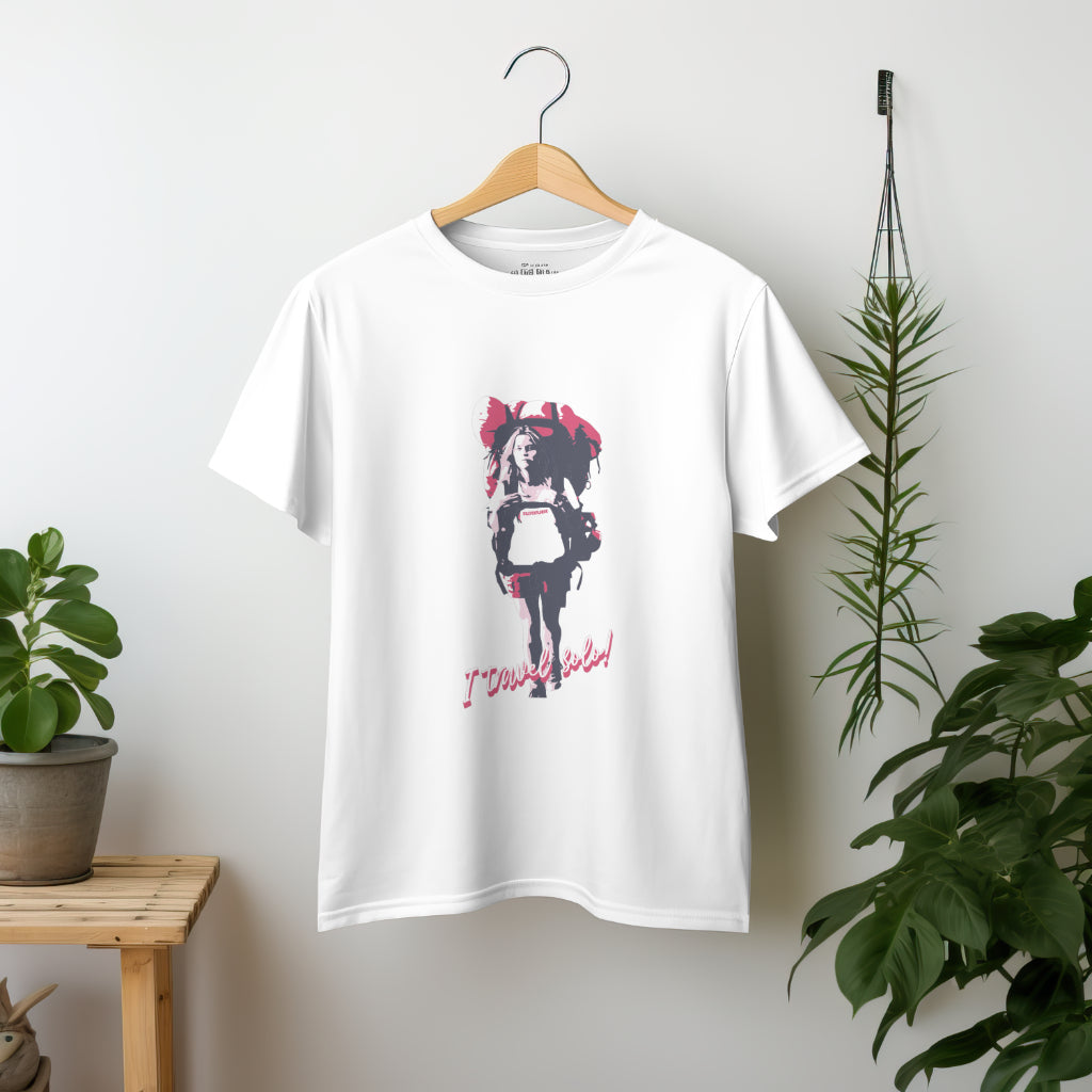 'Solo Backpacker’ Women White T-Shirt by SillyExplorer 2nd Front View