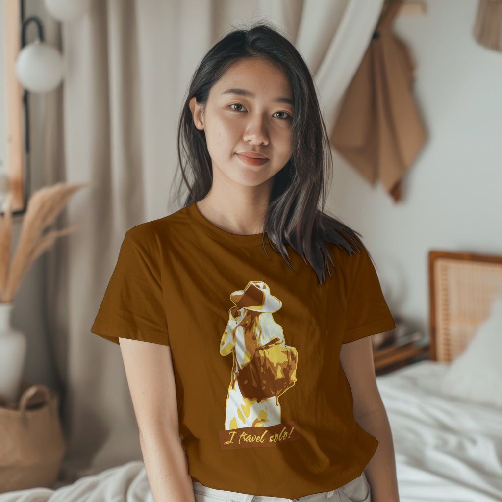 'Solo Traveller’ Women Brown T-Shirt by SillyExplorer Front View