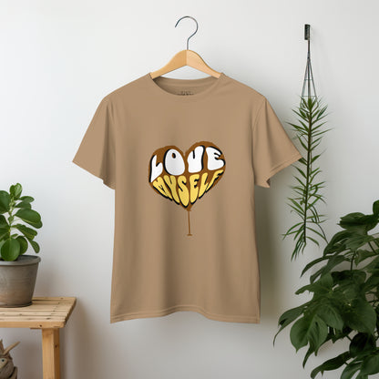 ‘I Love Myself’ Women Beige T-Shirt Valentine Special by SillyExplorer 2nd Front View