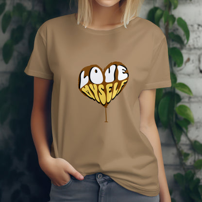 ‘I Love Myself’ Women Beige T-Shirt Valentine Special by SillyExplorer 3rd Front View