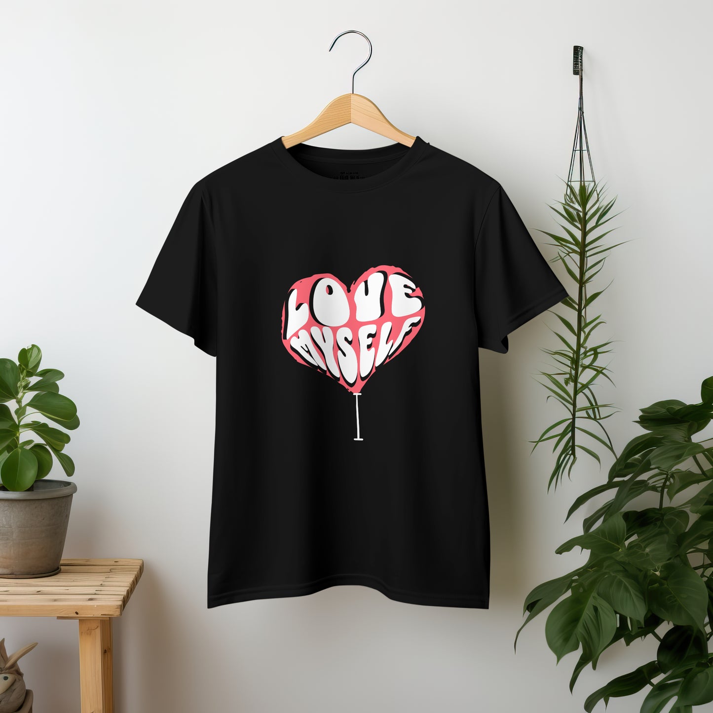 ‘I Love Myself’ Women Black T-Shirt Valentine Special by SillyExplorer 2nd Front View