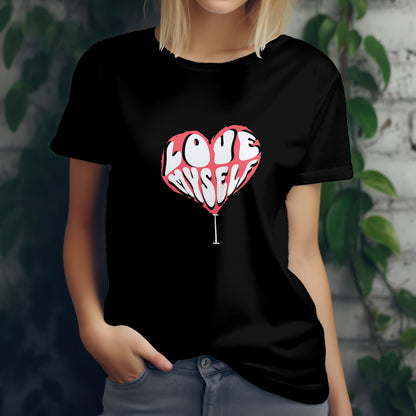 ‘I Love Myself’ Women Black T-Shirt Valentine Special by SillyExplorer 3rd Front View