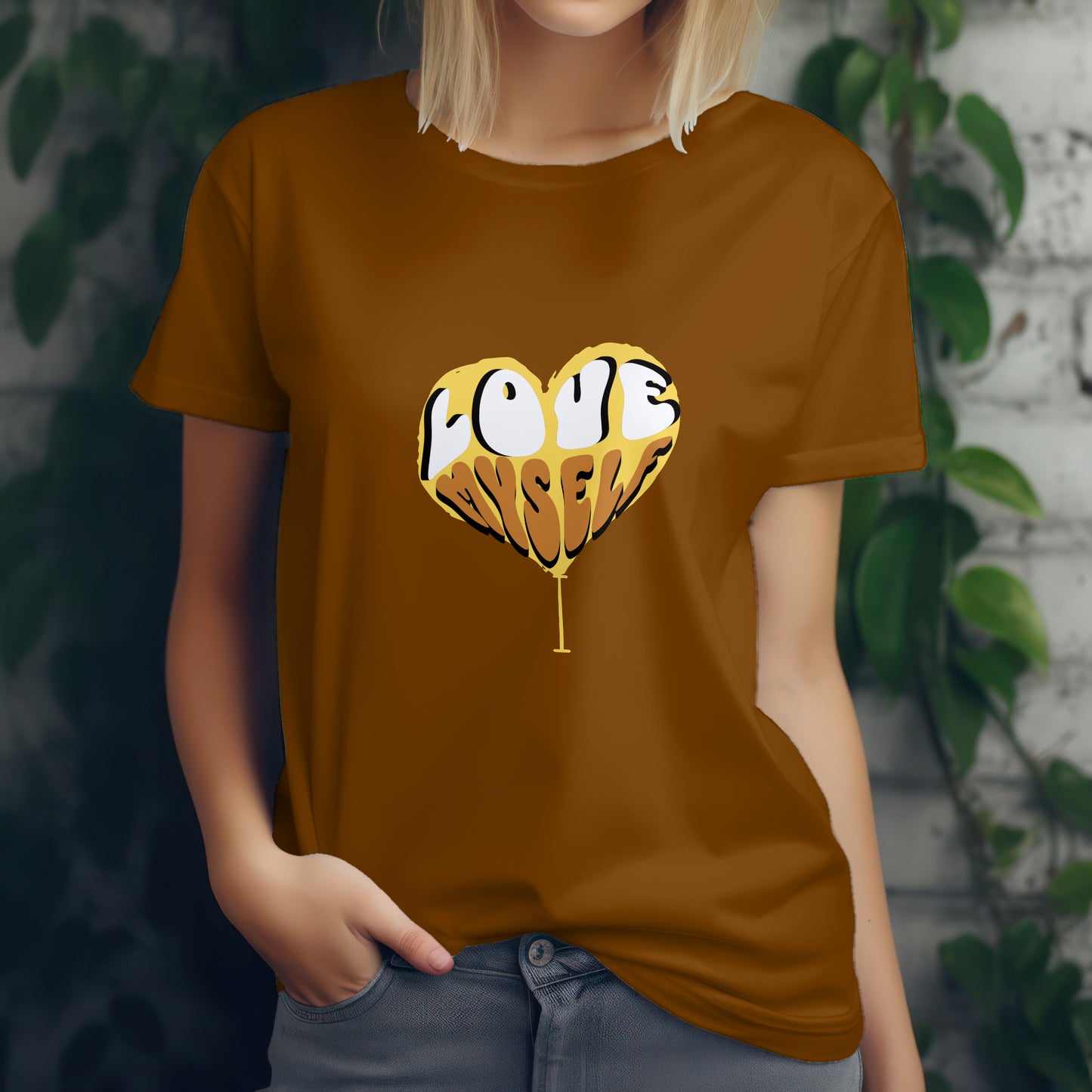 ‘I Love Myself’ Women Brown T-Shirt Valentine Special by SillyExplorer 3rd Front View