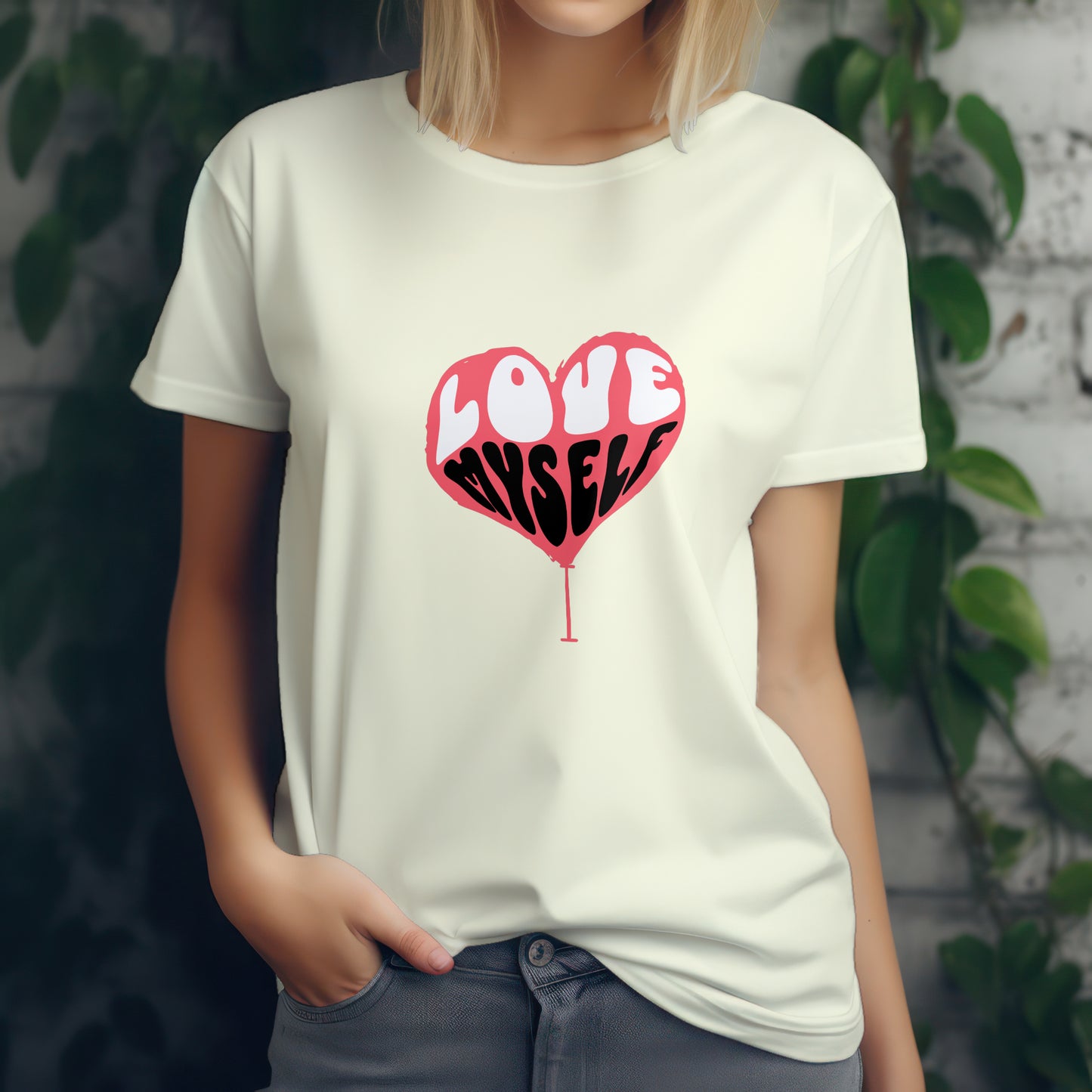 ‘I Love Myself’ Women Off-White T-Shirt Valentine Special by SillyExplorer 3rd Front View