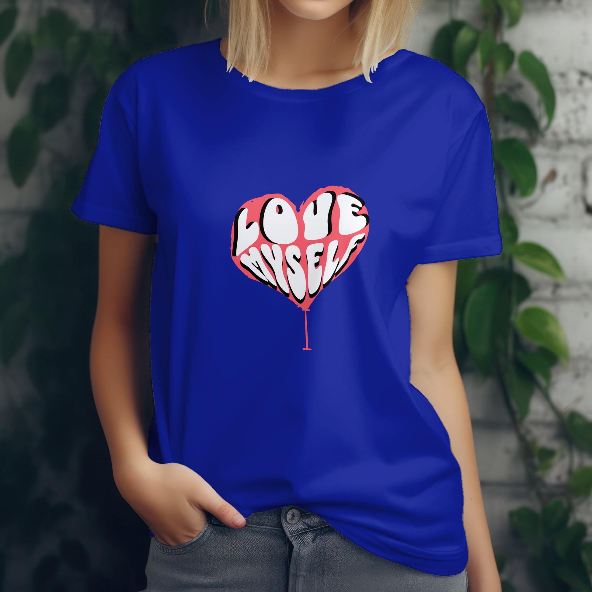 ‘I Love Myself’ Women Royal-Blue T-Shirt Valentine Special by SillyExplorer 3rd Front View