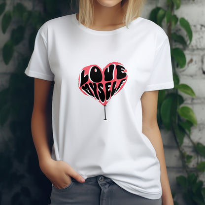 ‘I Love Myself’ Women White T-Shirt Valentine Special by SillyExplorer 3rd Front View