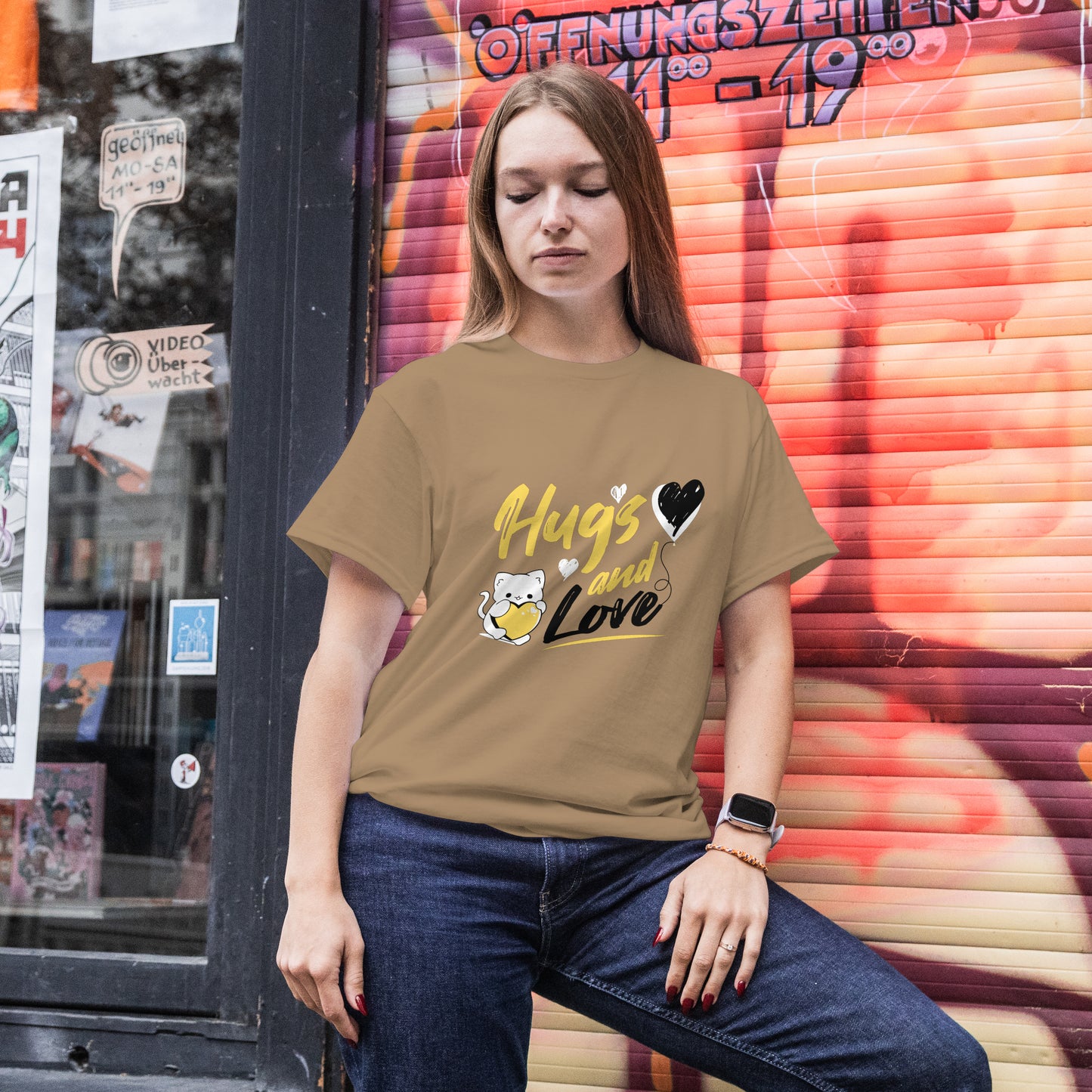 ‘Hugs & Love’ Women Beige T-Shirt Valentine Special by SillyExplorer Front View