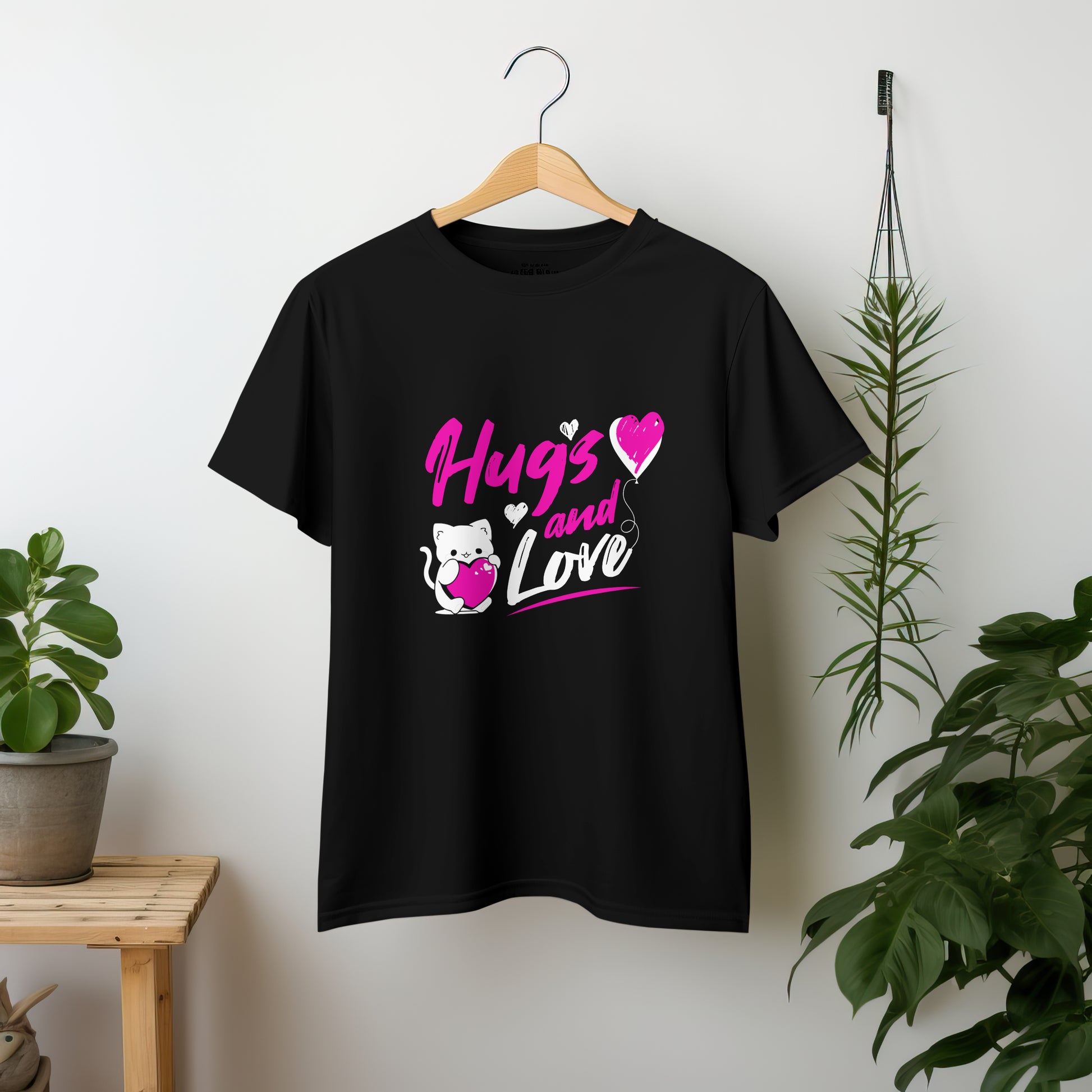 ‘Hugs & Love’ Women Black T-Shirt Valentine Special by SillyExplorer 2nd Front View