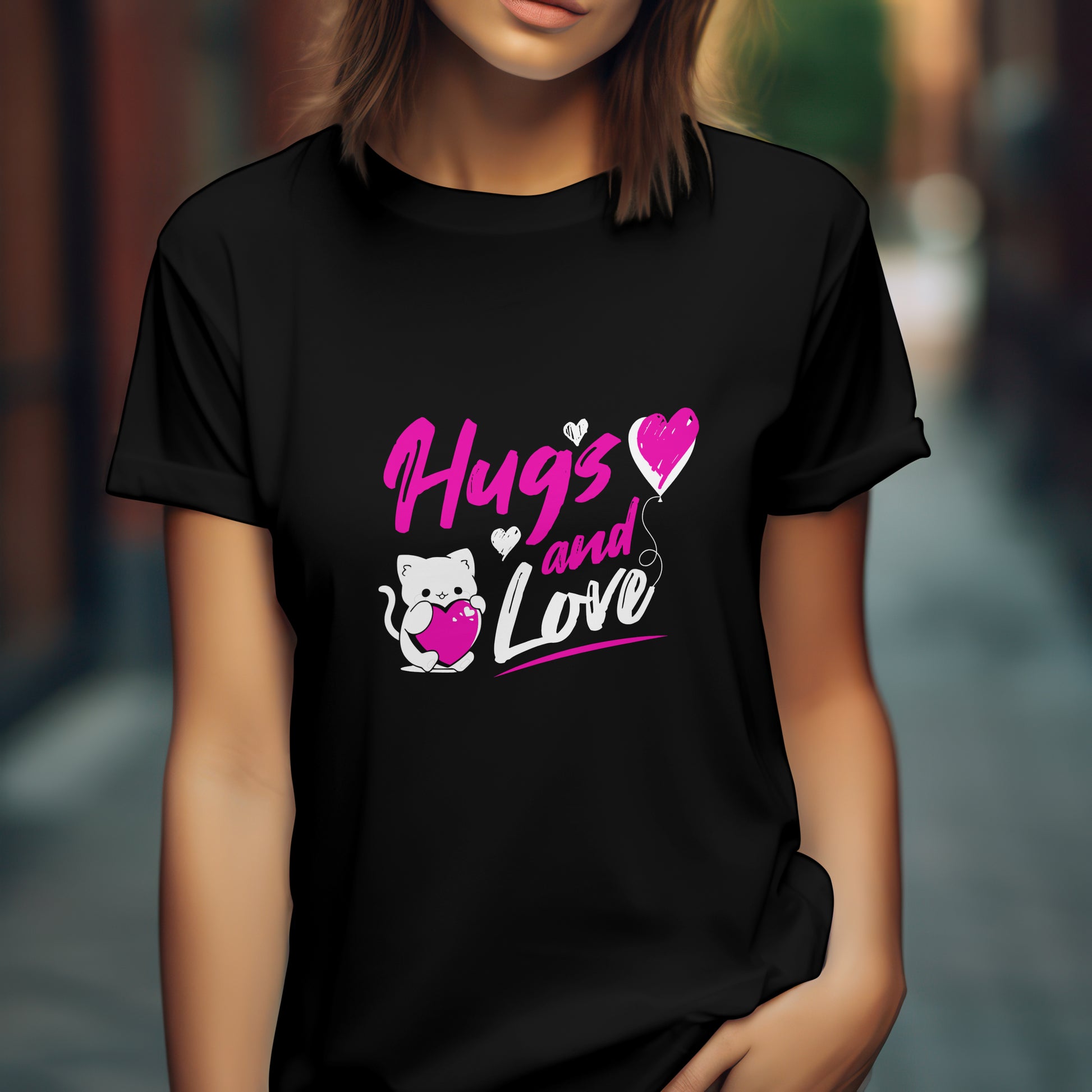 ‘Hugs & Love’ Women Black T-Shirt Valentine Special by SillyExplorer 3rd Front View