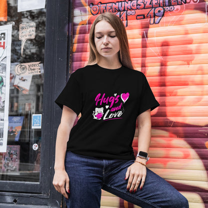 ‘Hugs & Love’ Women Black T-Shirt Valentine Special by SillyExplorer Front View