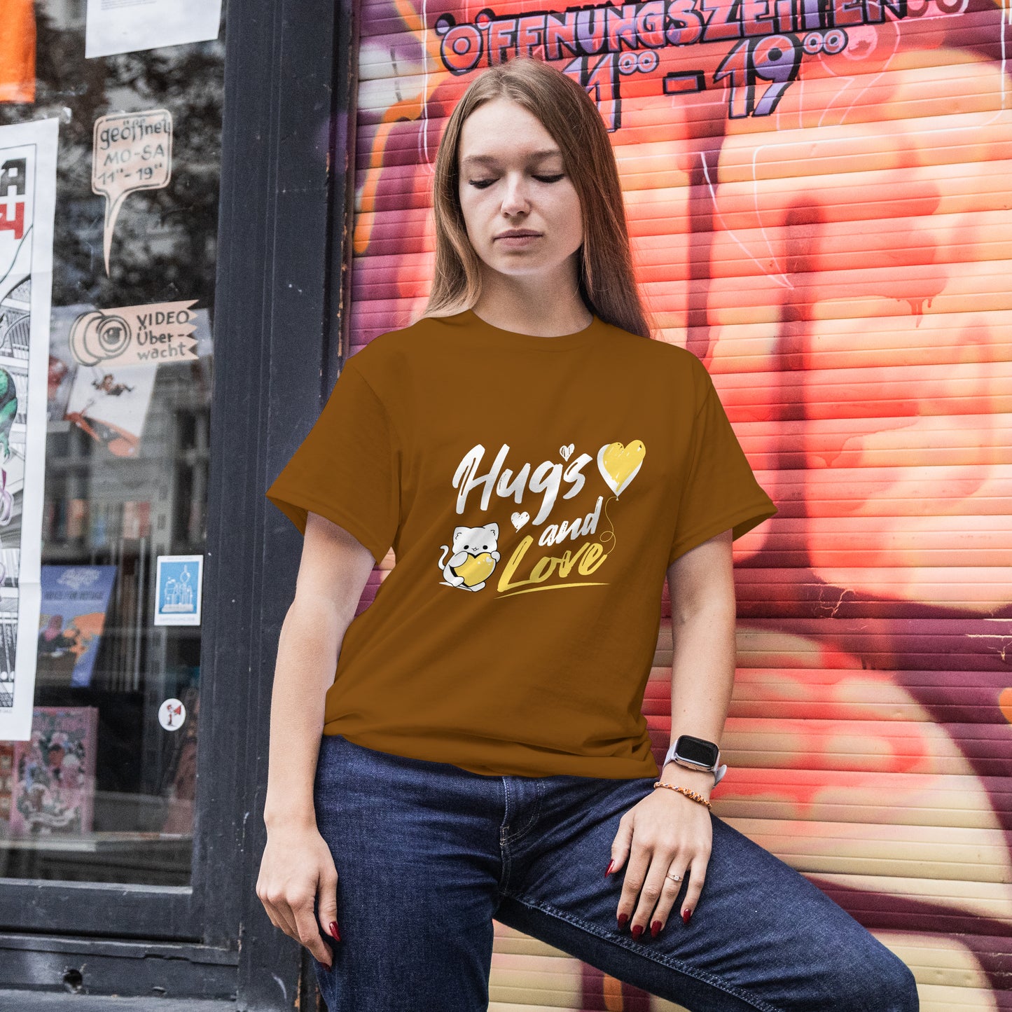 ‘Hugs & Love’ Women Brown T-Shirt Valentine Special by SillyExplorer Front View