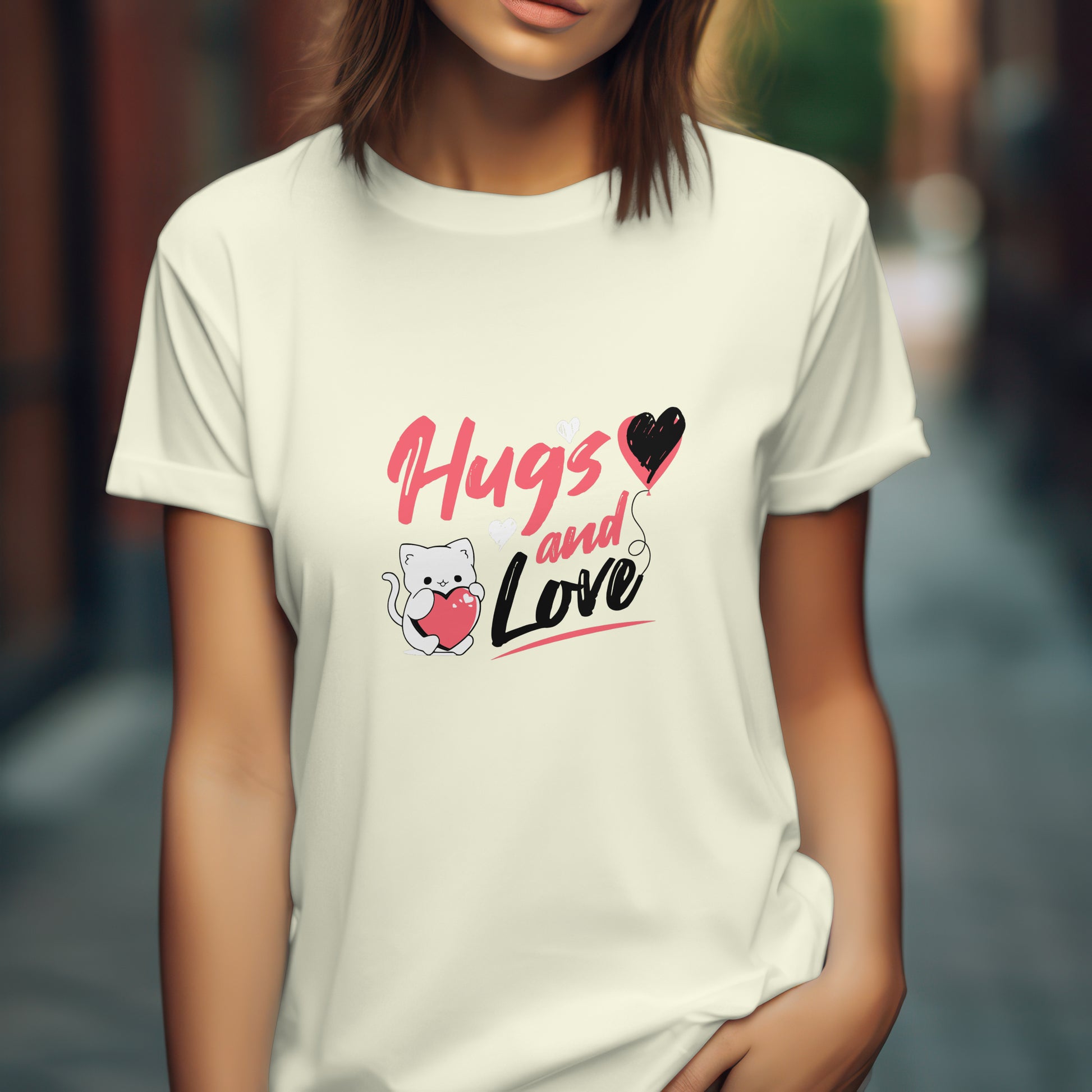 ‘Hugs & Love’ Women Off White T-Shirt Valentine Special by SillyExplorer 3rd Front View