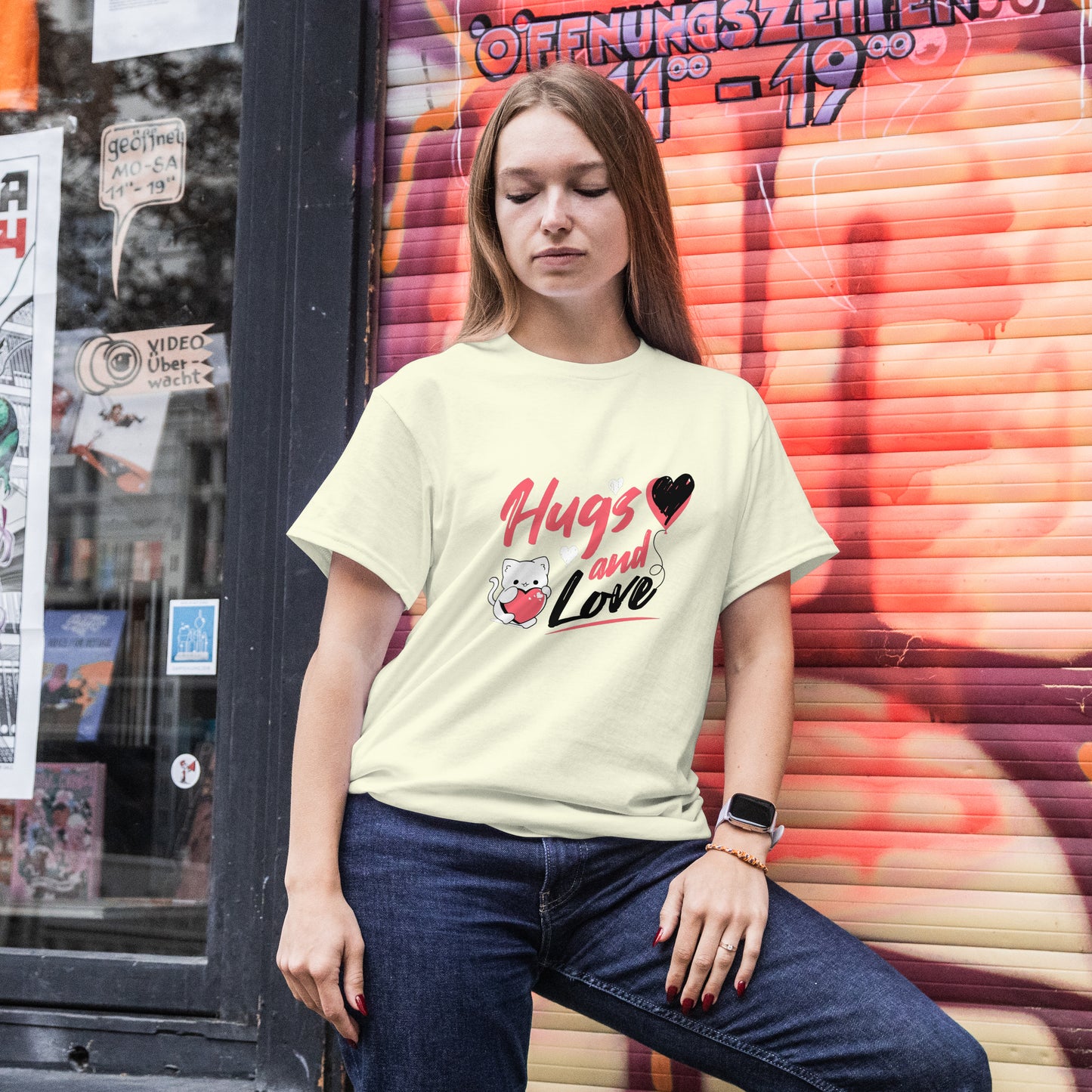 ‘Hugs & Love’ Women Off White T-Shirt Valentine Special by SillyExplorer Front View