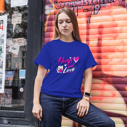 ‘Hugs & Love’ Women Royal Blue T-Shirt Valentine Special by SillyExplorer Front View