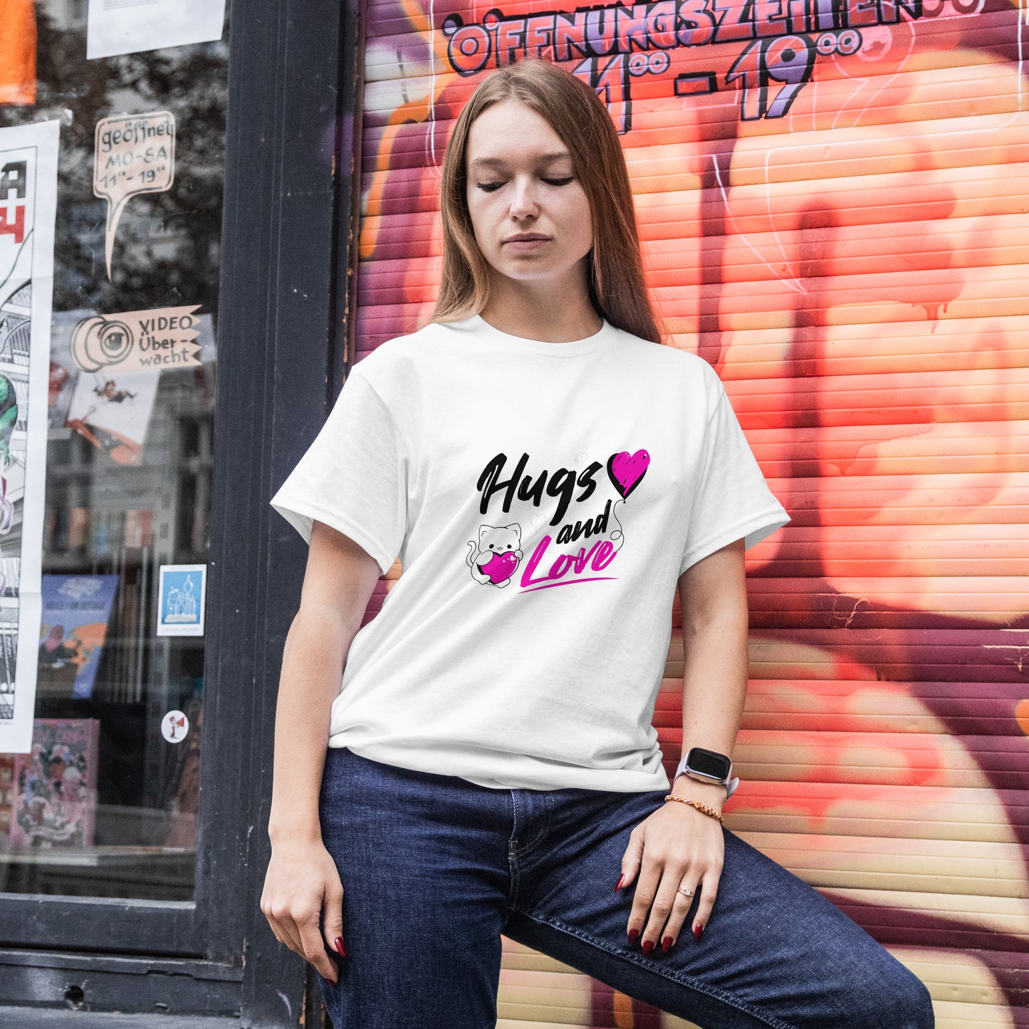 ‘Hugs & Love’ Women White T-Shirt Valentine Special by SillyExplorer Front View