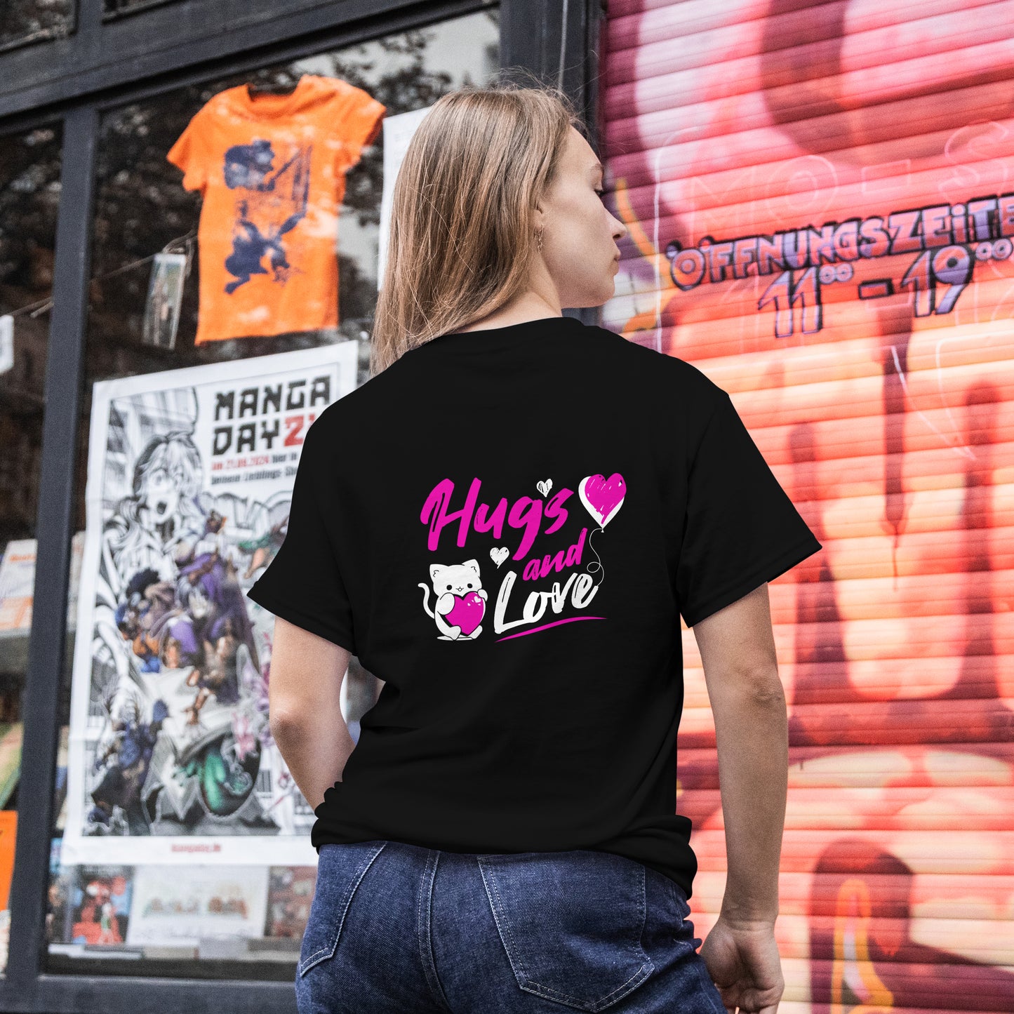 ‘Lovely Hugs’ Women Black T-Shirt Valentine Special by SillyExplorer Back View