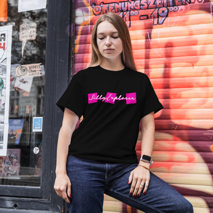 ‘Lovely Hugs’ Women Black T-Shirt Valentine Special by SillyExplorer Front View