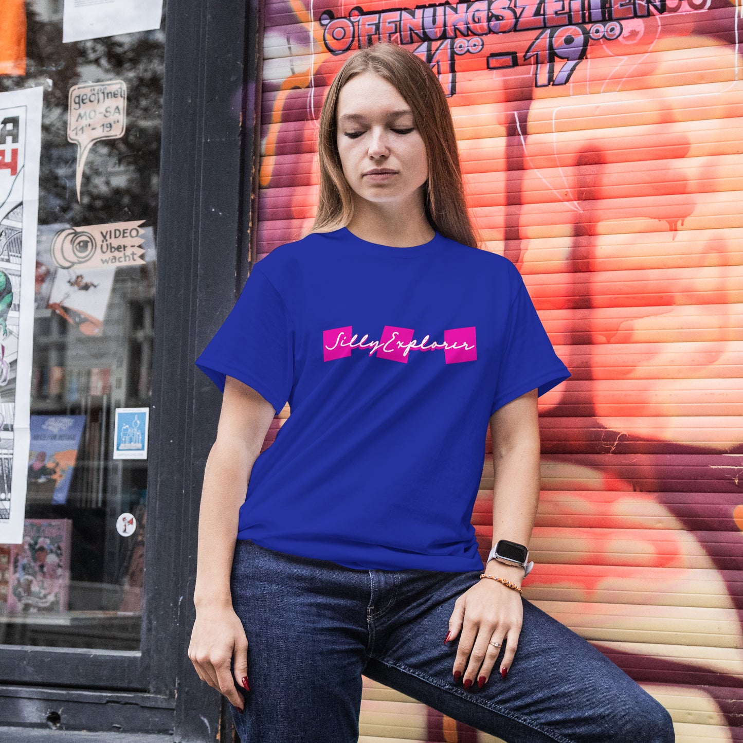 ‘Lovely Hugs’ Women Royal Blue T-Shirt Valentine Special by SillyExplorer Front View