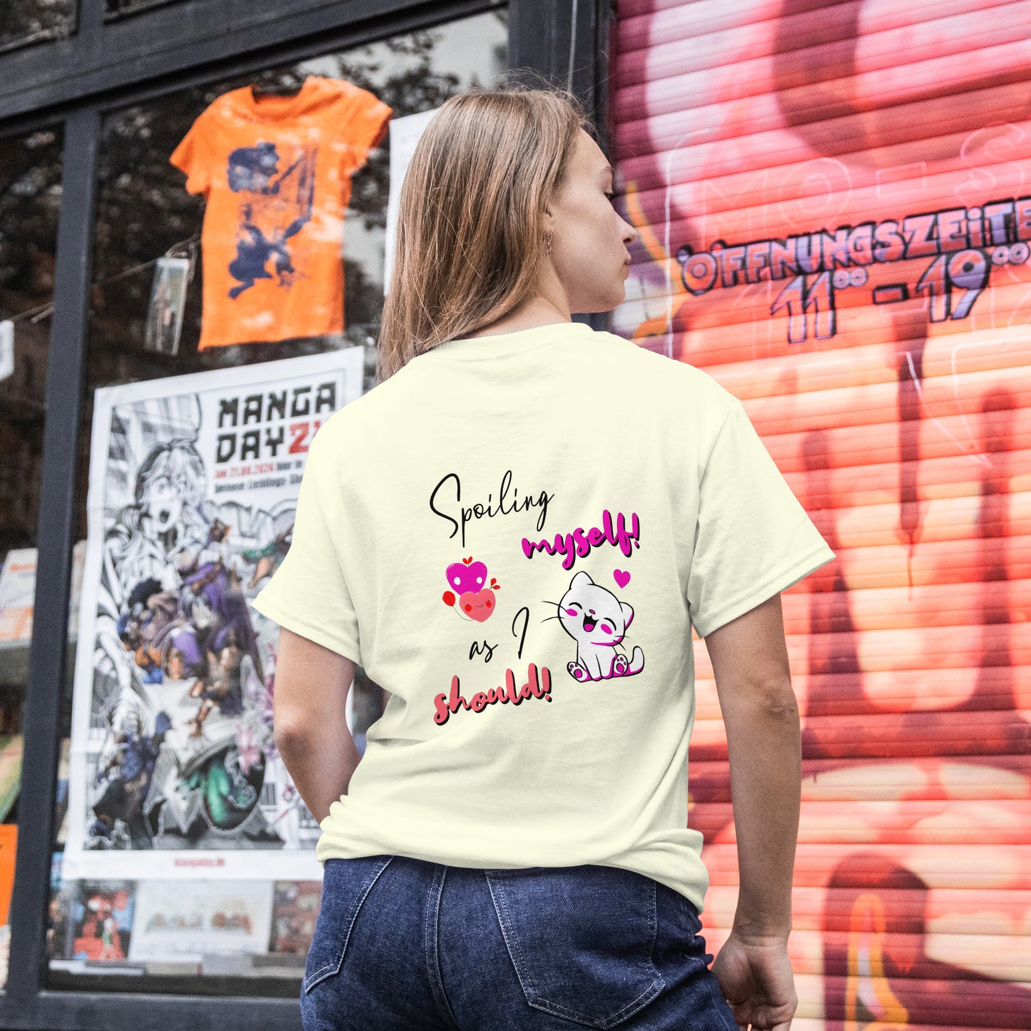 ‘Spoiling Myself’ Women Off White T-Shirt Valentine Special by SillyExplorer Back View